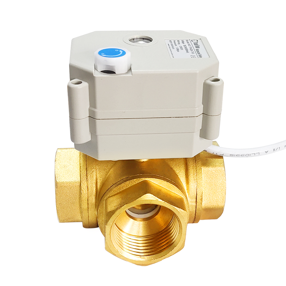 电动球阀铜三通,T型/L型电动铜三通阀门带手动带位置反馈，DC5V/12V/24V/220V微型电动阀DN8到DN32,BSP螺纹或NPT螺纹
